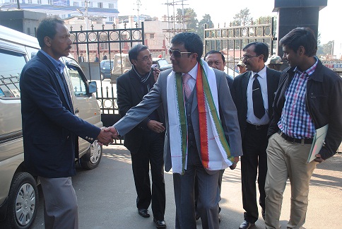 Nongkrem Congress candidate Lambor Malniang walking in to file his nomination papers on Thursday