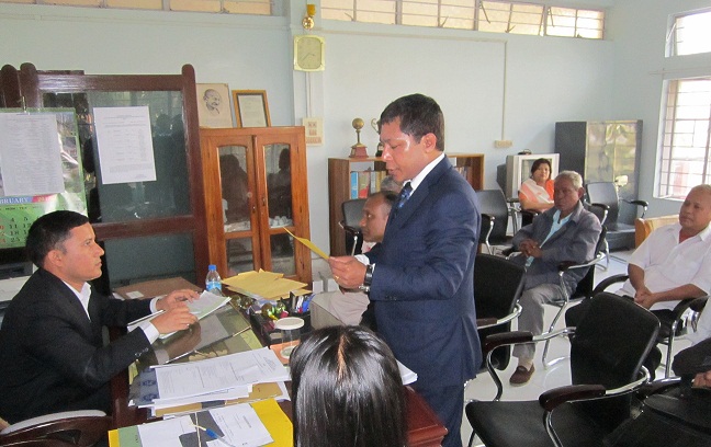Meghalaya chief minister Mukul Sangma filing his nomination papers with Ampati returning officer Ram Singh on Tuesday. www.ohmeghalaya.com pix
