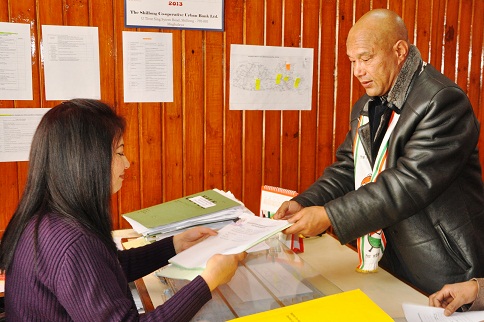 Meghalaya deputy speaker and NCP candidate Sanbor Shullai filing his nominations on Saturday. TM pix