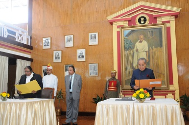 Megh Governor, Mr. R S Mooshahary administering the oath of office to Justice T Meena Kumari as the Chief Justice of the Shillong High Court at Raj Bhavan on 23.03.13.jpg