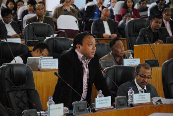Shillong West MLA Paul Lyngdoh taking part in the debate over Governors Address on Monday.