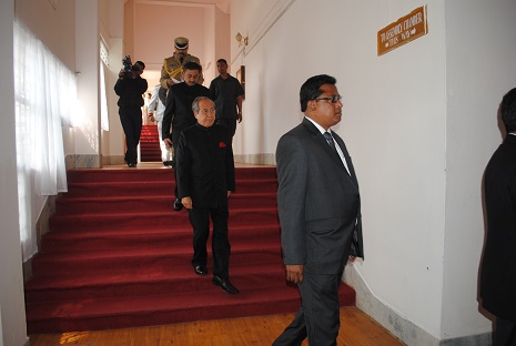 Assembly speaker AT Mondal escorting Meghalaya Governor RS Mooshahary to the Meghalaya legislative assembly on the first day of the budget session. Pix by WT Lyttan 