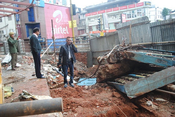 The BSNL pillars that were uprooted in front of the MUDA complex in Khyndailad on Monday night. Pix by WT Lyttan