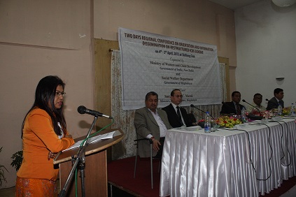Meghalaya social welfare minister Deborah Marak giving her inaugural address during the opening day of the ‘Regional Orientation & Information Dissemination Conference on Restructured ICDS scheme’. MIPR pix