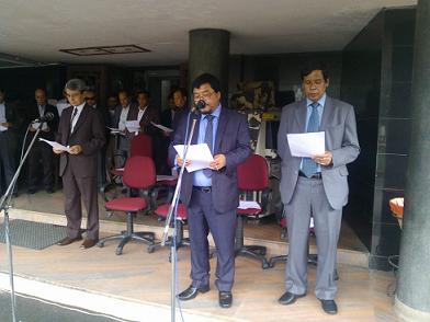Senior Minister HDR Lyngdoh leads the pledge during the anti terrorism day at Meghalaya Secretariat on Tuesday.